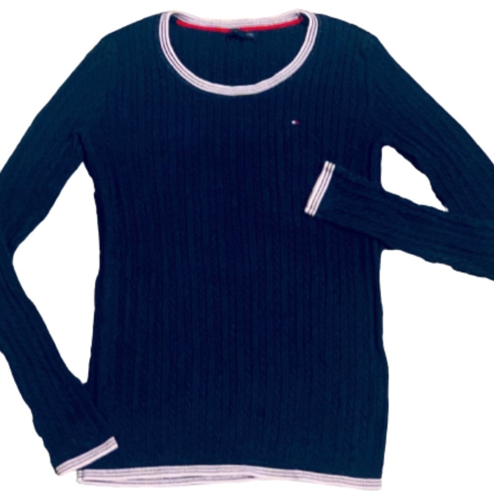 Tommy Hilfiger Navy Blue Preppy Cable Knit Stretchy Fitted Crewneck Sweater
